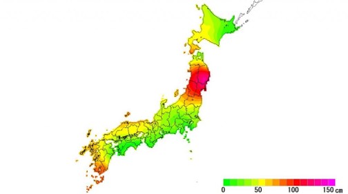 2019.01.01時点での日本測地系2011（JGD2011）の元期からの変位量 （国土地理院セミ・ダイナミック補正パラメータより可視化）